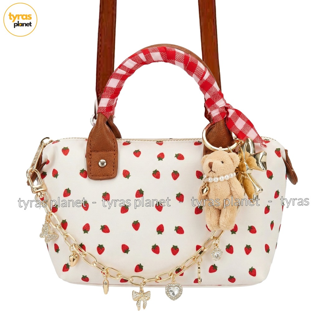 Madden Girl STRAWBERRY Red Mini Tote Crossbody w/ Teddy Bear & Bow Bag Charm NWT
